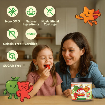 Bear Bites Gummies - Plant-Based Kids Protein Gummies – Vegan, Sugar Free, Gluten-free, Vitamin C – Immune Support, Protein Snacks – Tasty Apple, Peach, Mango Flavours – 90 Count – No Artificial Flavours