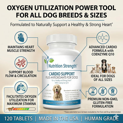 Cardio Support for Dogs Plus Antioxidant, L-Carnitine, L-Taurine, with Coenzyme Q10 and Vitamin E, Supports a Healthy and Strong Dog Heart, 120 Chewable Tablets