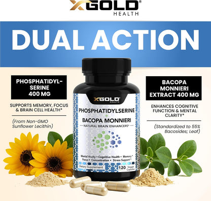 PhosphatidylSerine & Bacopa Monnieri 800 mg - Mental Focus Supplement (120 Vegetarian Capsules)