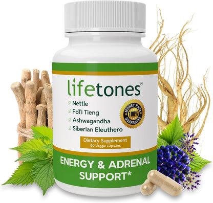 Life Tones Energy & Adrenal Support Capsules – Natural Energy Boost, Stress Relief and Adrenal Health Formula – 60 Vegan Capsules