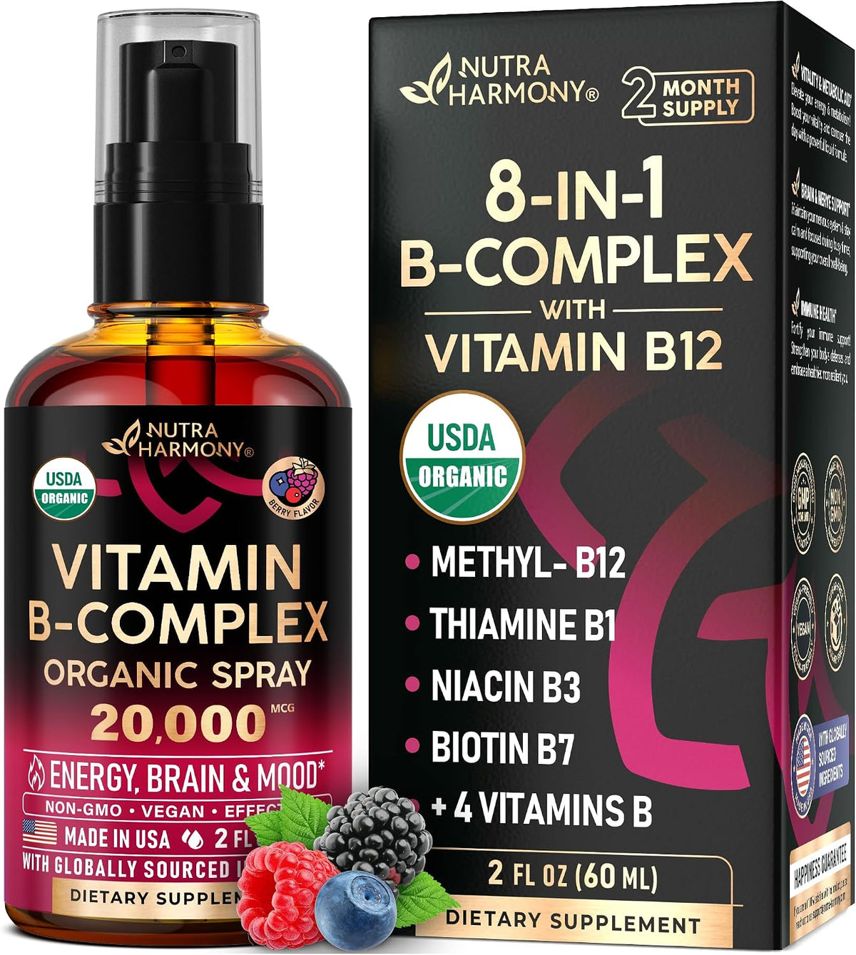 USDA Organic Vitamin B-Complex Liquid Spray 8-in-1 - B5 Pantothenic Acid | B12 Methylcobalamin | B1 Thiamine | B6 Pyridoxine | B7 Biotin | B9 Folate | B3 Niacinamide - Berry Mix Flavour - 2 fl oz (60 ml) - görsel 1