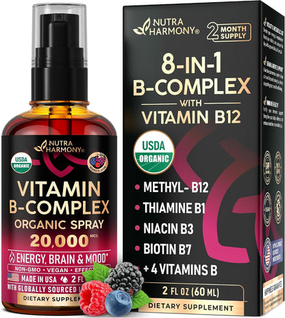 USDA Organic Vitamin B-Complex Liquid Spray 8-in-1 - B5 Pantothenic Acid | B12 Methylcobalamin | B1 Thiamine | B6 Pyridoxine | B7 Biotin | B9 Folate | B3 Niacinamide - Berry Mix Flavour - 2 fl oz (60 ml)