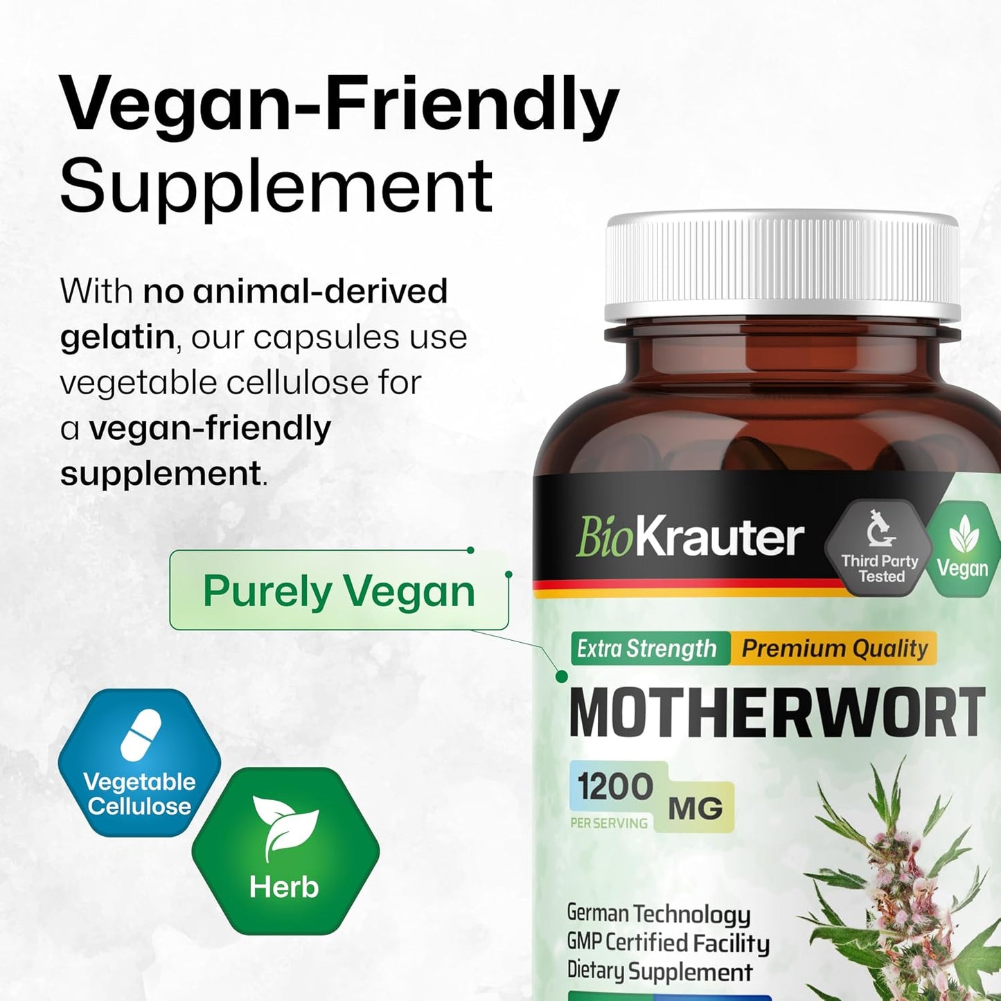 BIO KRAUTER® Perimenopause & Menopause Supplements for Women - Vegan Motherwort Capsules, 1200 mg per Serving, 100 Capsules (50-Day Supply) - görsel 6