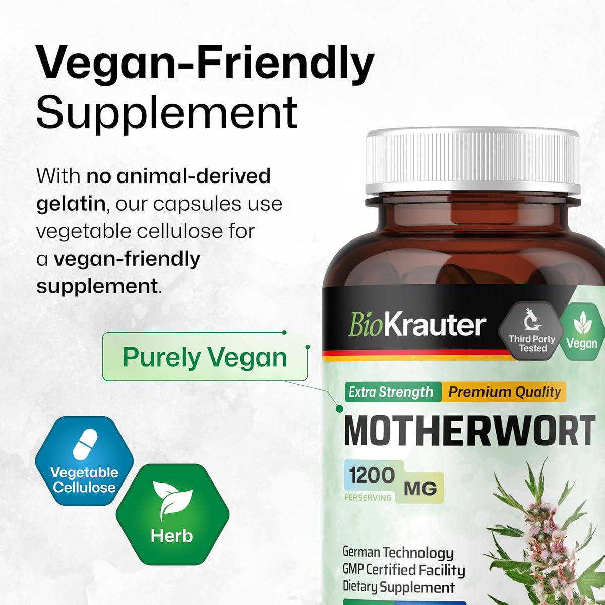 BIO KRAUTER® Perimenopause & Menopause Supplements for Women - Vegan Motherwort Capsules, 1200 mg per Serving, 100 Capsules (50-Day Supply) - görsel 6