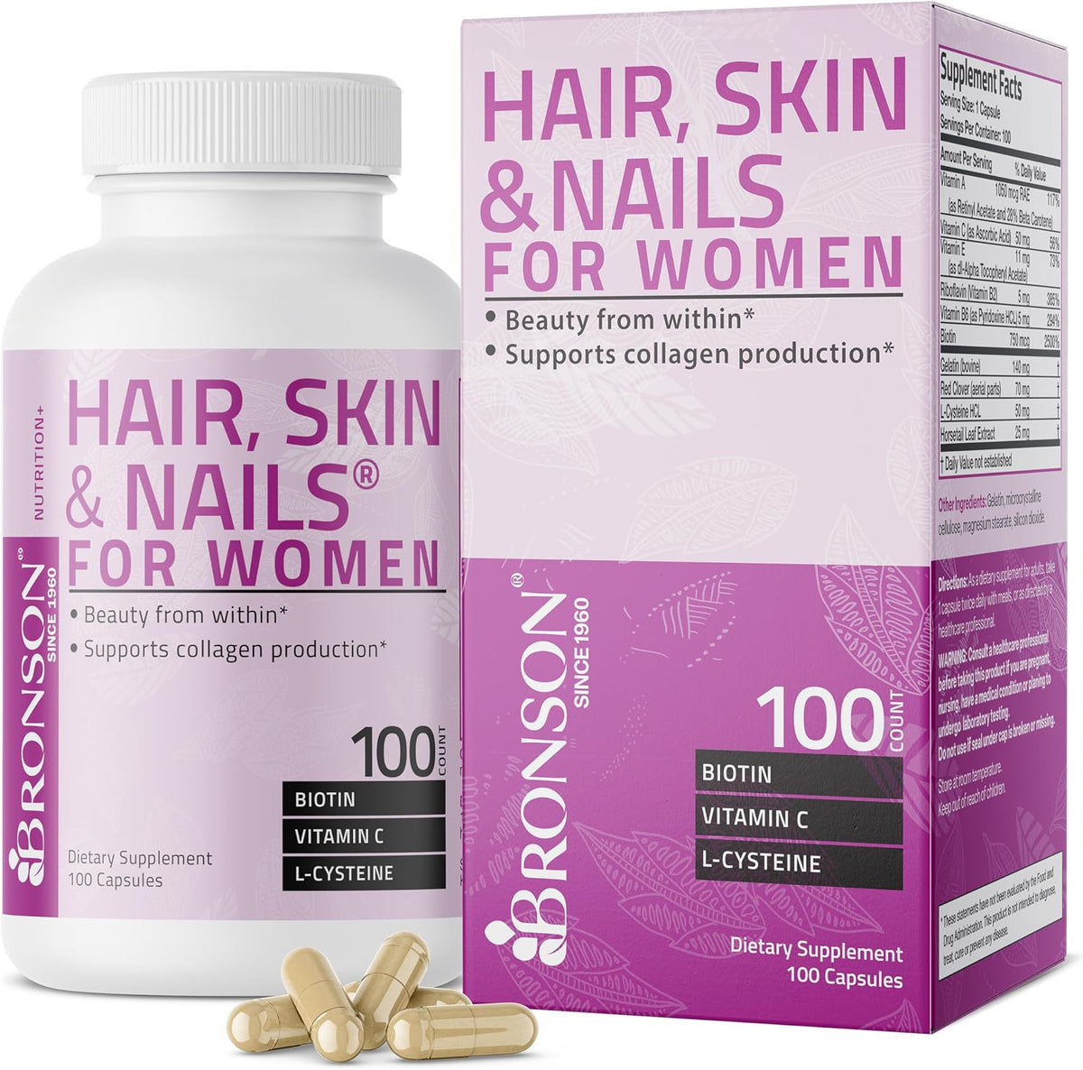 Bronson Hair, Skin & Nails with Biotin Extra Strength - 100 Capsules - görsel 1