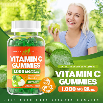 Just Nutrients Vitamin C 1000mg Gummies - Maximum Strength Chewable Immune & Collagen Support, Natural Green Apple Flavour, 90 Count