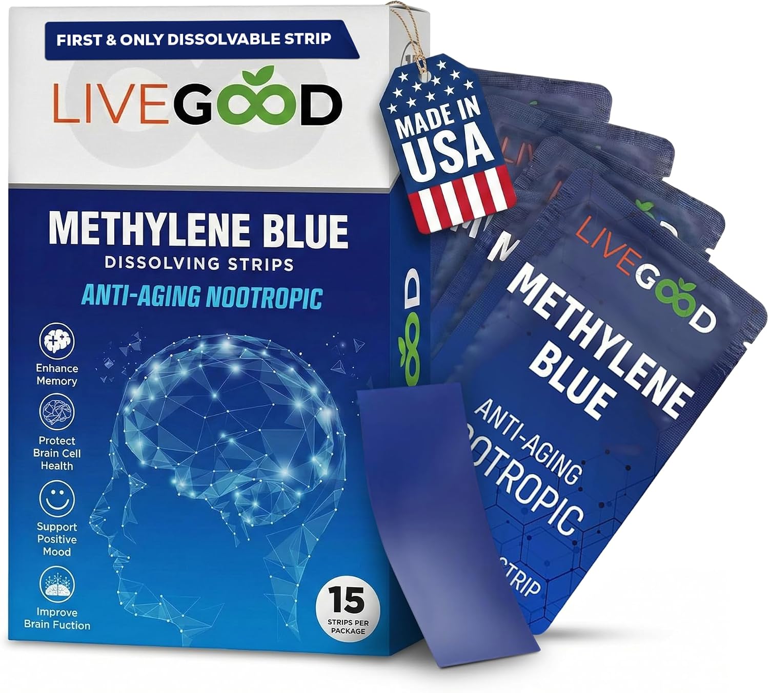 Methylene Blue Supplement for Mental Clarity and Memory – Pharmaceutical Grade Methylene Blue Strips – Fast-Acting Nootropic Brain Support – Mint Flavour, 15 Count (20mg per Strip) - görsel 1