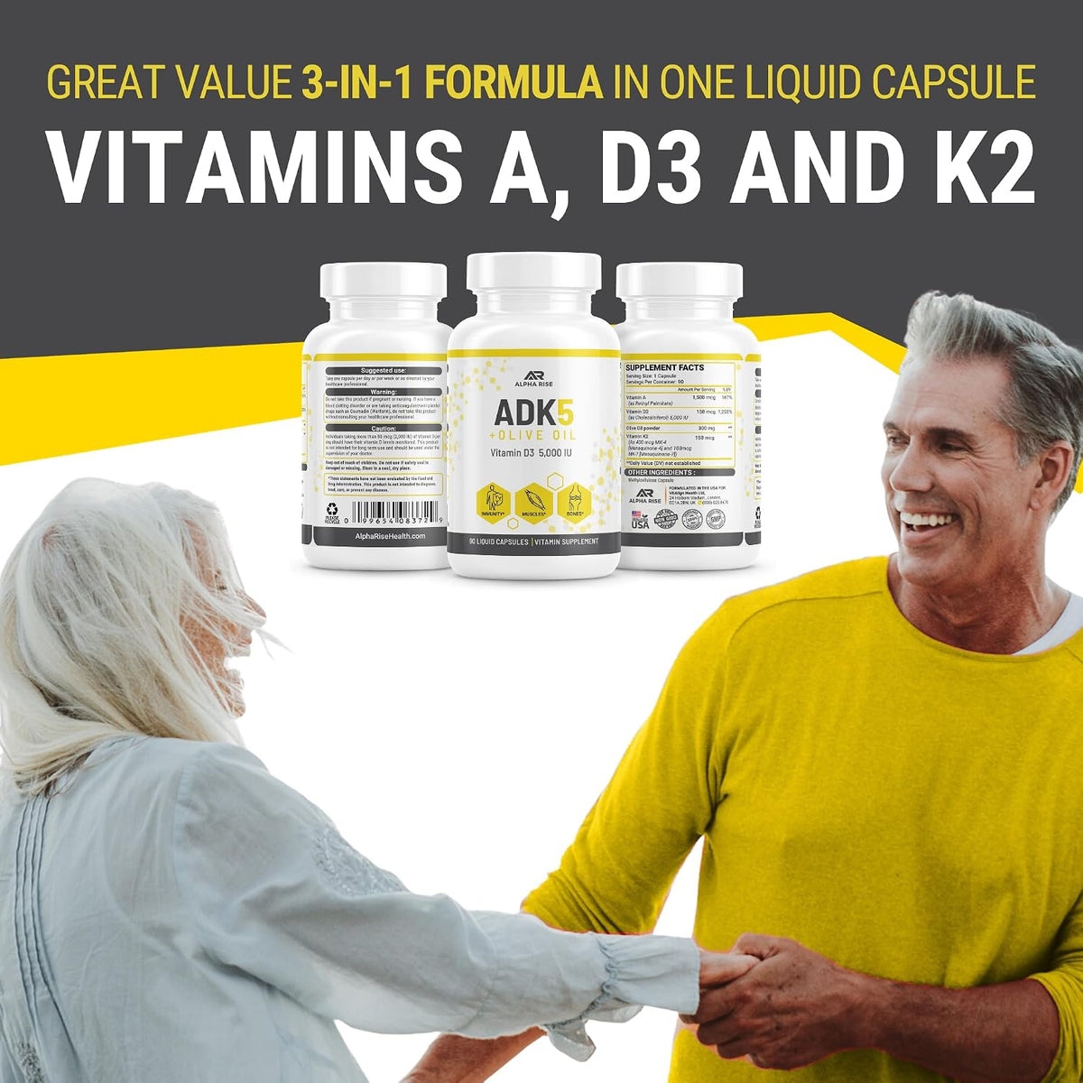 ALPHA RISE ADK Vitamin Supplement - 5000 IU Vitamin D3 + K2 (MK7 & MK4) with Olive Oil - 90 Liquid Capsules - Non-GMO, Vegetarian - görsel 4