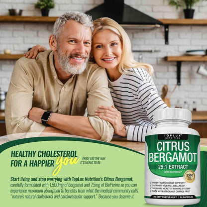 Toplux Citrus Bergamot Supplement 1500mg – High Potency 25:1 Extract with Black Pepper for Enhanced Absorption, Vegan, Non-GMO, 90 Capsules