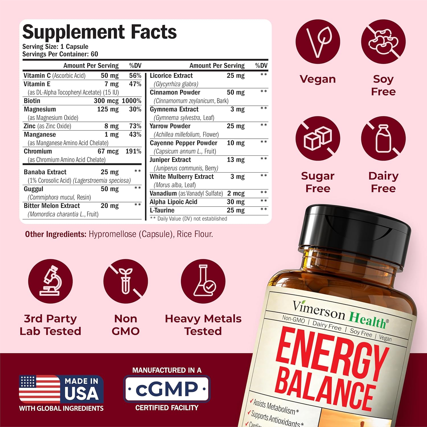 Vanadium with Chromium - Chromium Vanadium Supplement for Caffeine Free Energy and Metabolism support with Alpha Lipoic Acid, Cinnamon, Banaba Leaf & Bitter Melon Fruit - Non-GM, Vegan - 60 Capsules - görsel 3