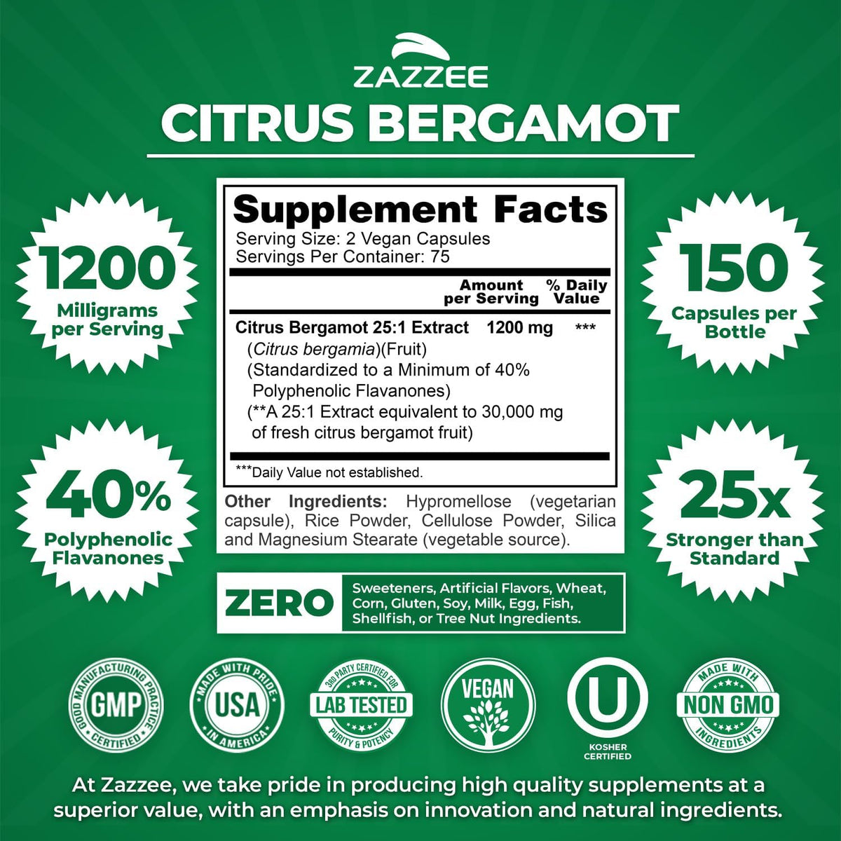 Zazzee Citrus Bergamot 25:1 Extract - High-strength, 40% Polyphenolic Flavanones, 150 Vegan Capsules - görsel 3