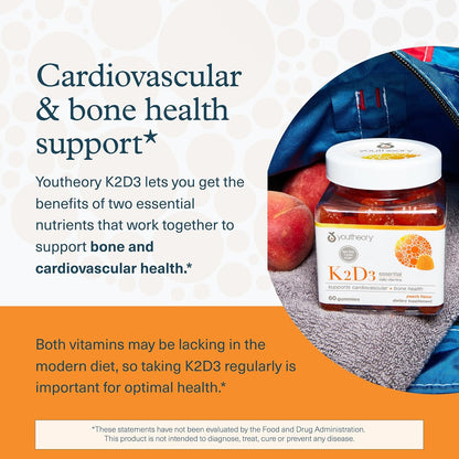 Youtheory K2D3 Gummies - Vitamin D3 & K2 Food Supplement for Bone, Heart & Immune Health - Plant-Based Ingredients - Sugar Free - Peach Flavour - 60 Gummies (60-Day Supply)