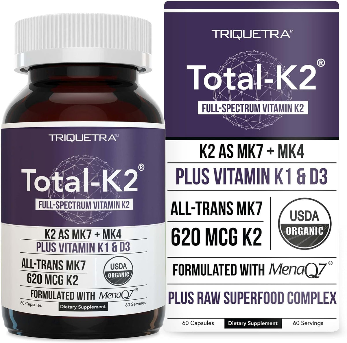 Total K2® | Vitamin K2 as MK7 & MK4 | Plus K1 & Vitamin D3 Cofactor - 620 mcg K2 per Serving - All-Trans MK7 from MenaQ7® - Full-Spectrum Vitamin K - Vegan, Organic Certified (60 Capsules) - görsel 1
