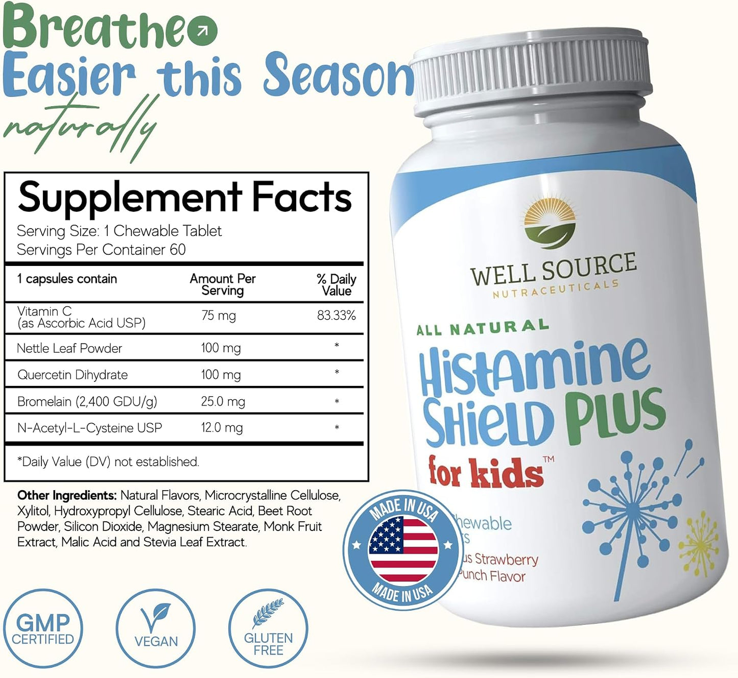 Histamine Shield Plus Kids – Natural Histamine Support Chewable Tablets, 60 Strawberry Fruit Punch - görsel 2