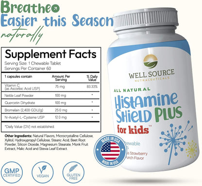Histamine Shield Plus Kids – Natural Histamine Support Chewable Tablets, 60 Strawberry Fruit Punch