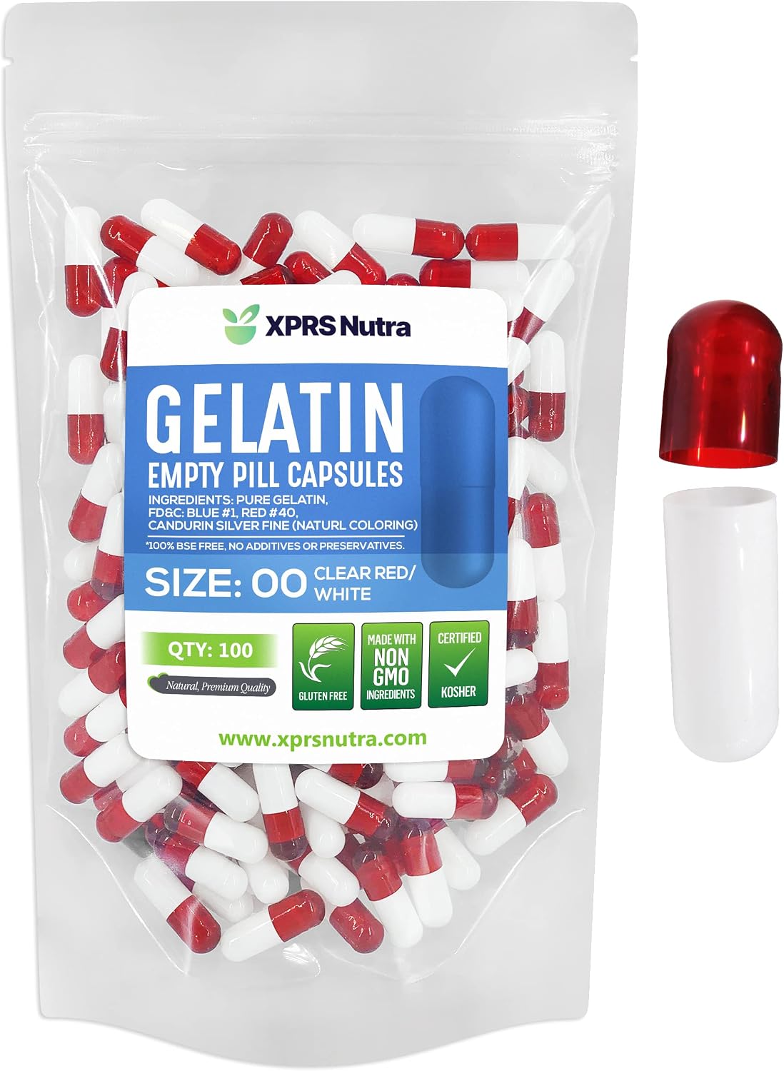 XPRS Nutra Size 00 Empty Gelatine Capsules - 100 Count - DIY Pill Capsules (Clear Red/White) - görsel 1