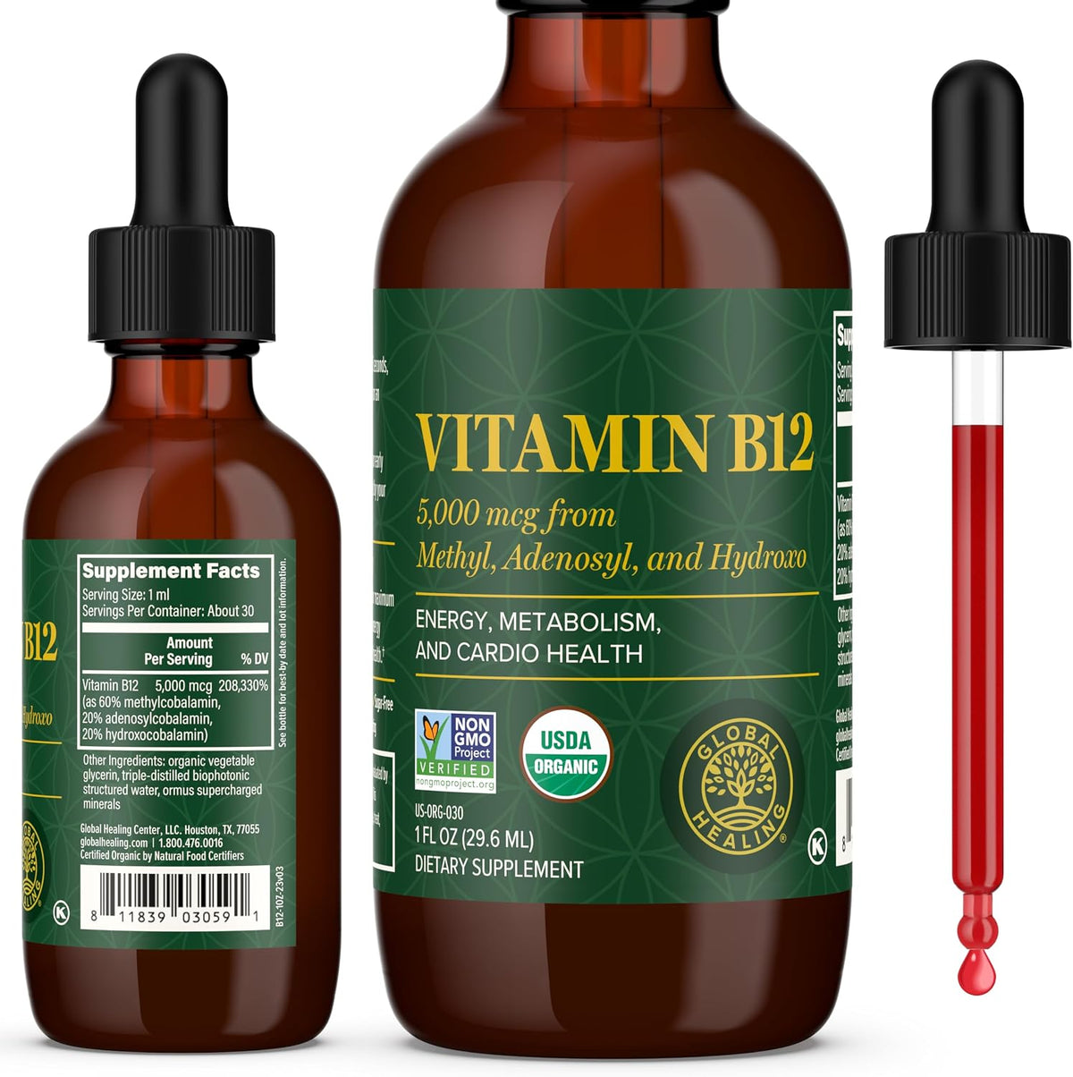 Global Healing Centre - Vitamin B12 Sublingual 5000 mcg Organic Liquid Supplement - görsel 1