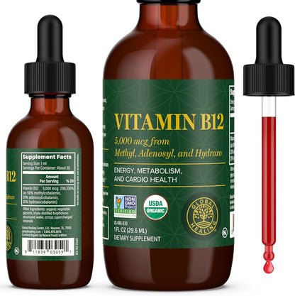 Global Healing - Organic Vitamin B12 5000 mcg Sublingual Liquid - Methylcobalamin, Hydroxocobalamin Blend - Methylated Drops - Vegan, Non-GMO (59 ml)