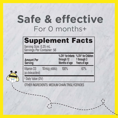 Zarbee's Vitamin D Drops for Infants, 400 IU (10 mcg) Baby & Toddler Liquid Supplement, New-born & Up, Dropper Syringe Included, 0.47 fl oz