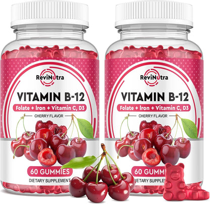 Vitamin B12 Gummies - 5000 mcg Methylcobalamin Complex with Iron, Vitamin C, D3 & Folate - Energy & Immunity Support - Vegan, Cherry Flavour - 60 Gummies