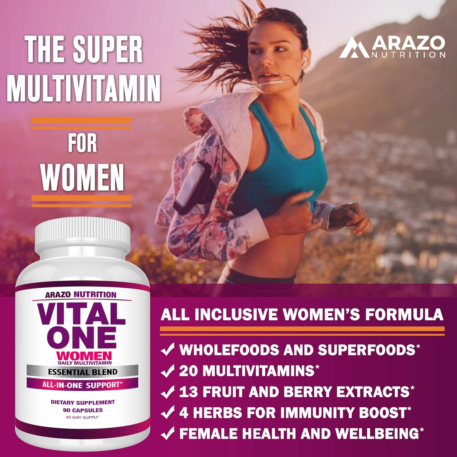 Arazo Nutrition Vital One Multivitamin for Women - Daily Wholefood Supplement - 90 Vegan Capsules - görsel 4