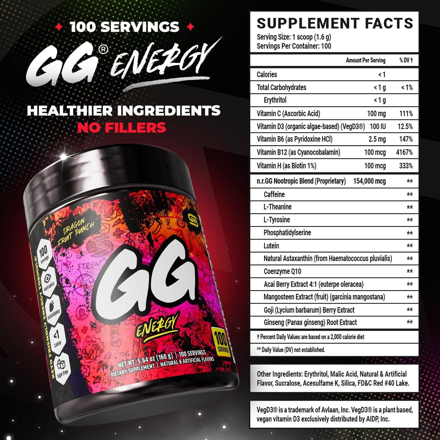 Gamer Supps GG Energy - Dragonfruit Punch (100 Servings) - Keto-Friendly Gaming Energy and Nootropic Blend, Sugar-Free + Organic Caffeine + Vitamins, Powdered Drink - görsel 2