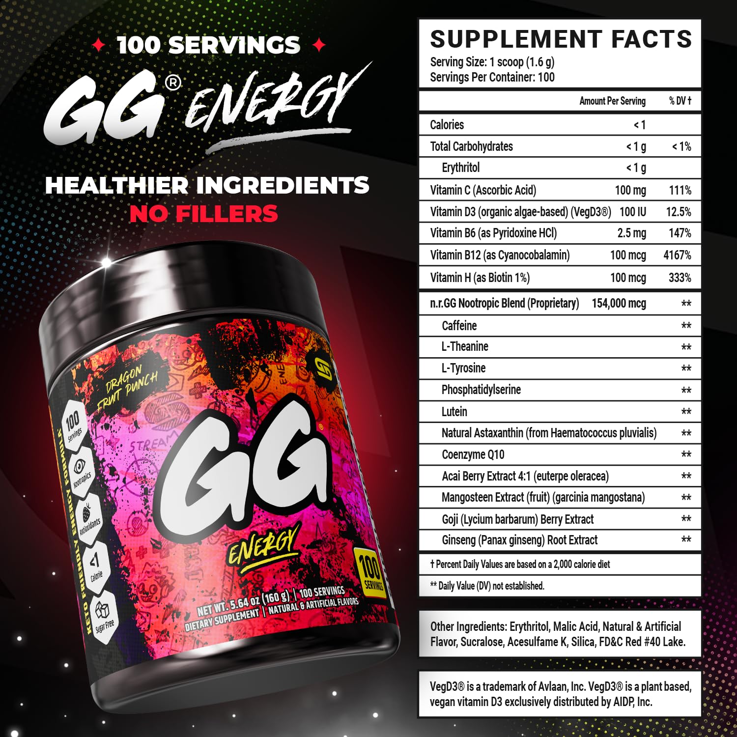 Gamer Supps GG Energy - Dragonfruit Punch (100 Servings) - Keto-Friendly Gaming Energy and Nootropic Blend, Sugar-Free + Organic Caffeine + Vitamins, Powdered Drink - görsel 2