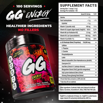 Gamer Supps GG Energy - Dragonfruit Punch (100 Servings) - Keto-Friendly Gaming Energy and Nootropic Blend, Sugar-Free + Organic Caffeine + Vitamins, Powdered Drink