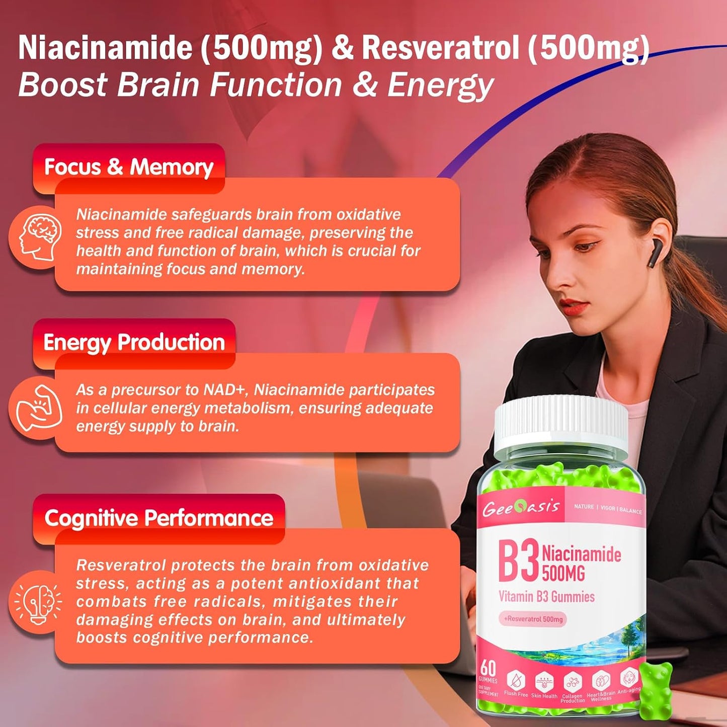 Niacinamide 500mg Gummies, Chewable Vitamin B3 Supplement with Resveratrol 500mg, High Potency Niacinamide for Skin & Brain Health, Immune Support, Vegan Apple Flavour, 60 Count - görsel 4