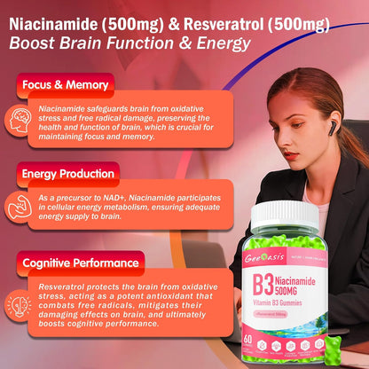 Niacinamide 500mg Gummies, Chewable Vitamin B3 Supplement with Resveratrol 500mg, High Potency Niacinamide for Skin & Brain Health, Immune Support, Vegan Apple Flavour, 60 Count