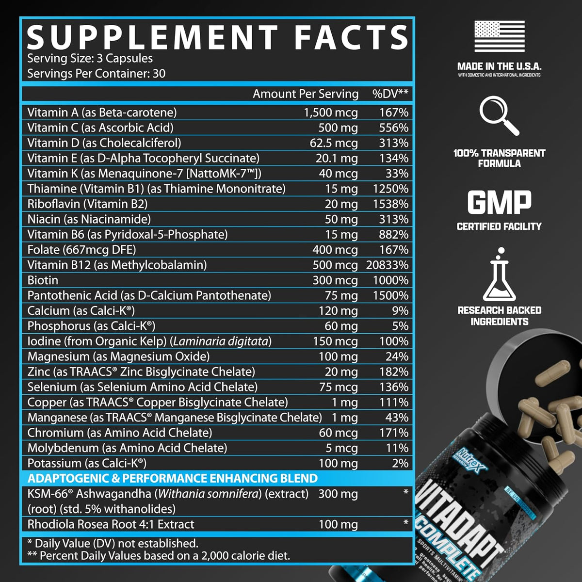 Nutrex Research Vitadapt Complete Sports Multivitamin for Men - 24 Vitamins, KSM-66 Ashwagandha & Minerals (90 Capsules) - görsel 2