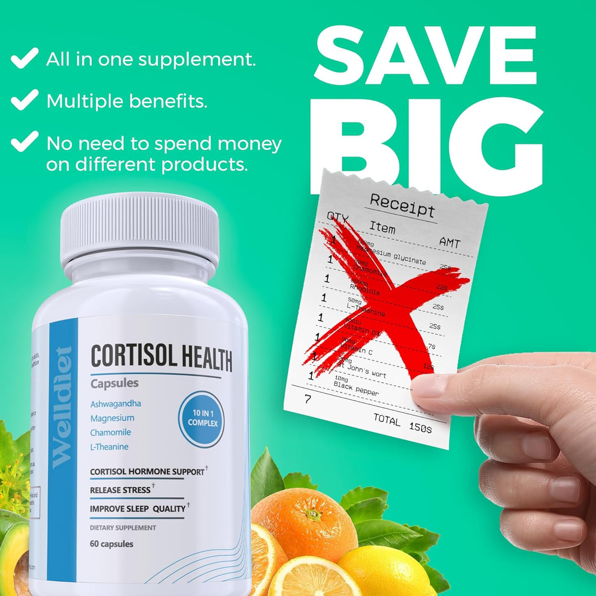 Welldiet 10-in-1 Cortisol Supplement with Magnesium, Ashwagandha, Chamomile, L-Theanine, St. John's Wort, Rhodiola - 60 Capsules - görsel 4