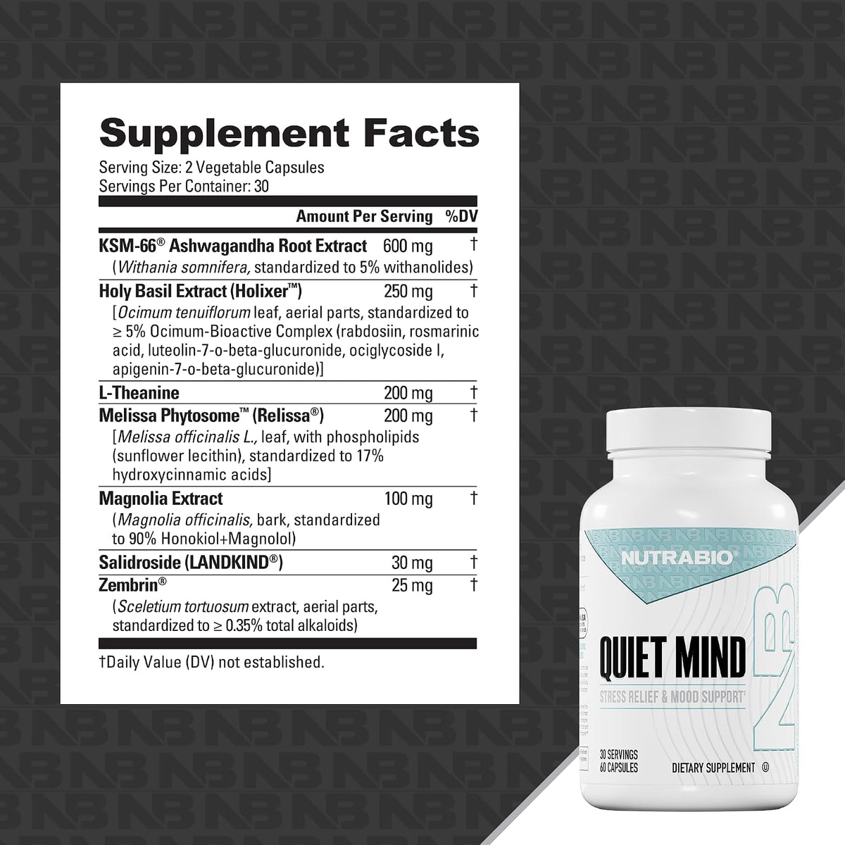 NutraBio Quiet Mind Stress Relief Food Supplement, 60 Capsules - görsel 3