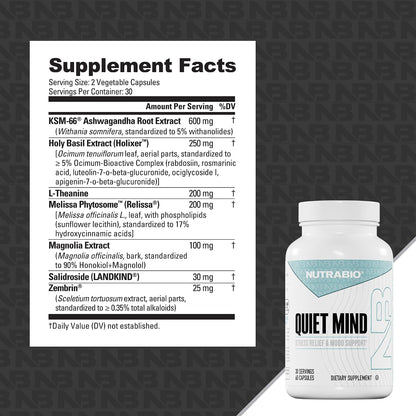 NutraBio Quiet Mind Stress Relief Food Supplement, 60 Capsules