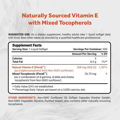 Naturalis Sunflower Vitamin E 268mg (400 IU) with Mixed Tocopherols | Essential Skin Vitamin & Immune Support | Non-GMO, Soya & Gluten-free | 300 Softgels