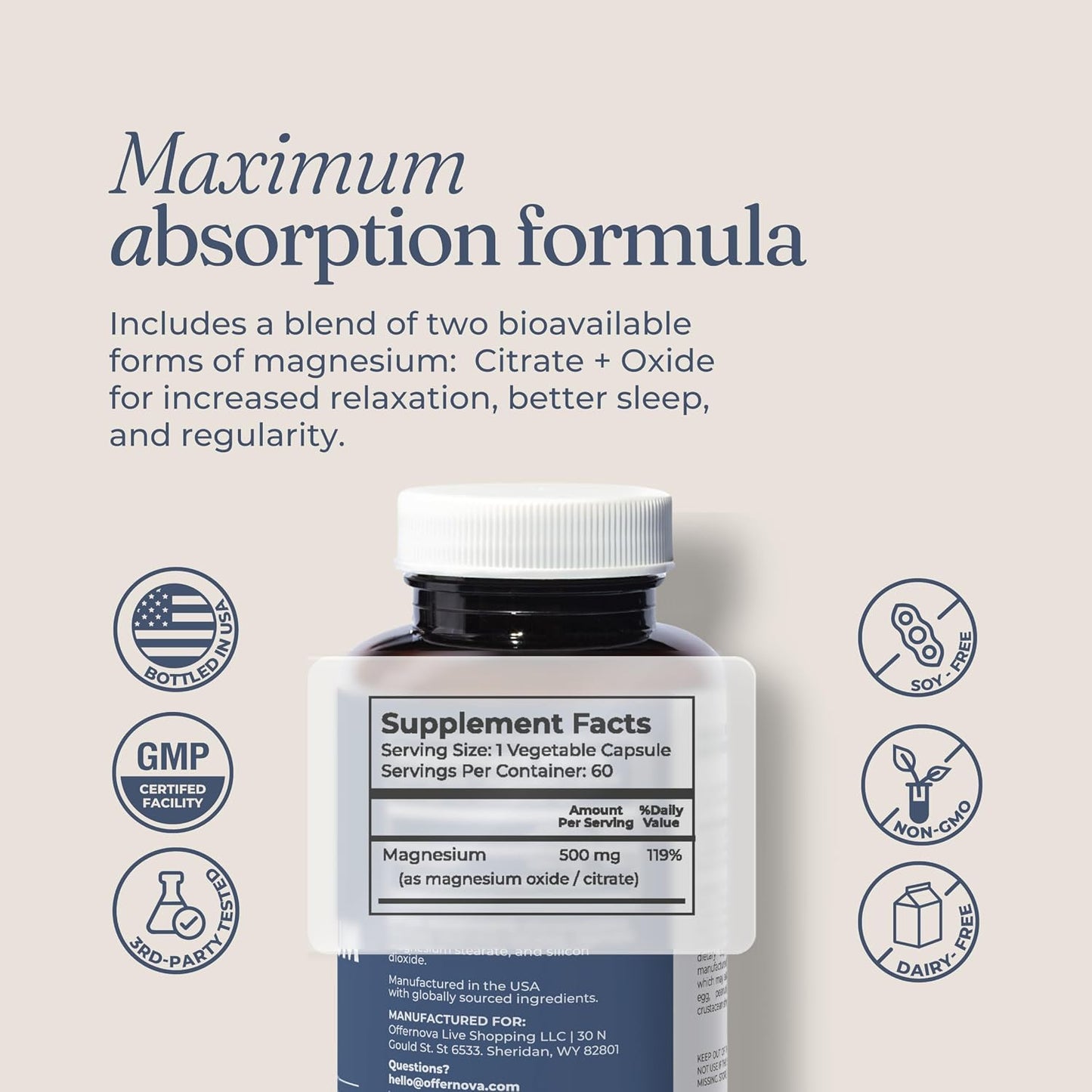 Offernova Magnesium Ultra - High Absorption 500mg Vegan Magnesium Supplement with Citrate & Oxide - görsel 5