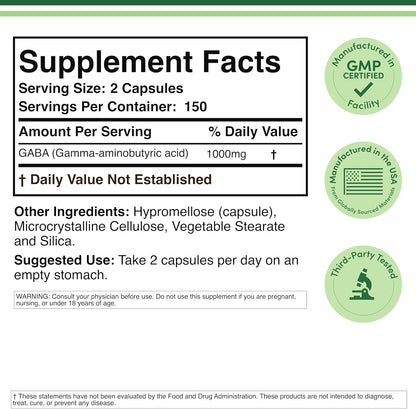 GABA Supplement (300 Capsules, 1,000mg per Serving) – Supports Relaxation and Sleep | Vegan, Gluten-free, Non-GMO | Double Wood