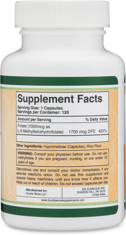 Methylfolate 1,000 mcg, 120 Capsules - Third-Party Tested Active Folate Food Supplement
