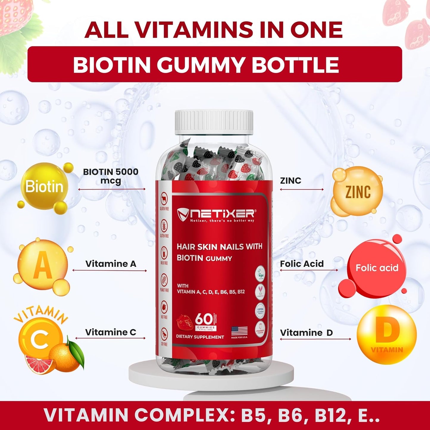 Biotin Gummies 5000 mcg | Multivitamin Gummies | Vitamins A C D E B6 B12 with Zinc | Strawberry Flavour | Vegan | Individually Wrapped | 60 Count - görsel 3