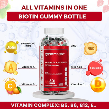 Biotin Gummies 5000 mcg | Multivitamin Gummies | Vitamins A C D E B6 B12 with Zinc | Strawberry Flavour | Vegan | Individually Wrapped | 60 Count