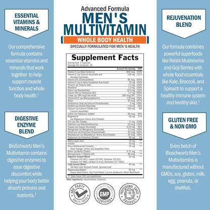 BioSchwartz Men's Multivitamin – Once Daily with Vitamin C, A, B, D3, E, Zinc – 60 Capsules