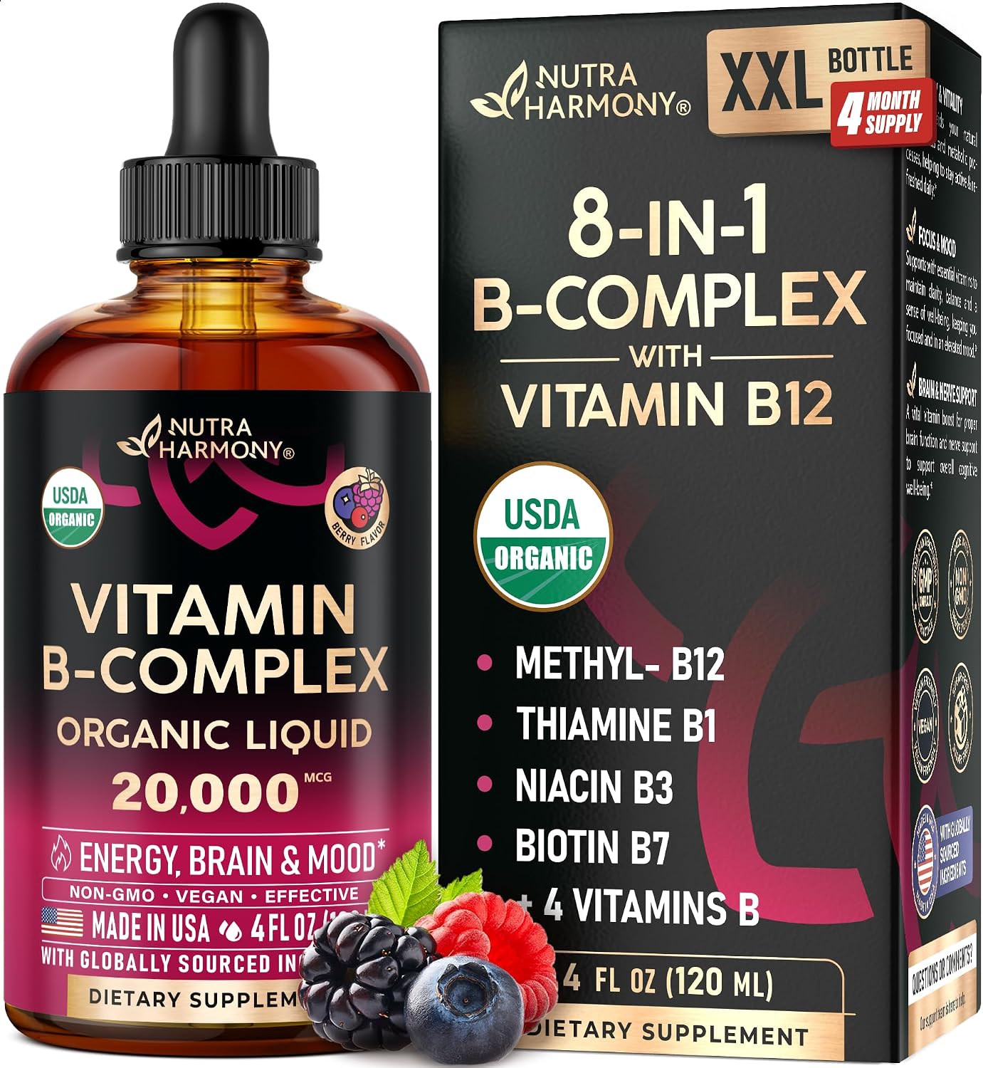Organic Vitamin B-Complex Liquid Drops – B5 Pantothenic Acid, B12 Methylcobalamin, B1 Thiamine, B6 Pyridoxine, B7 Biotin, B9 Folic Acid, B3 Niacinamide – Natural Berry Flavour, 118 ml - görsel 1