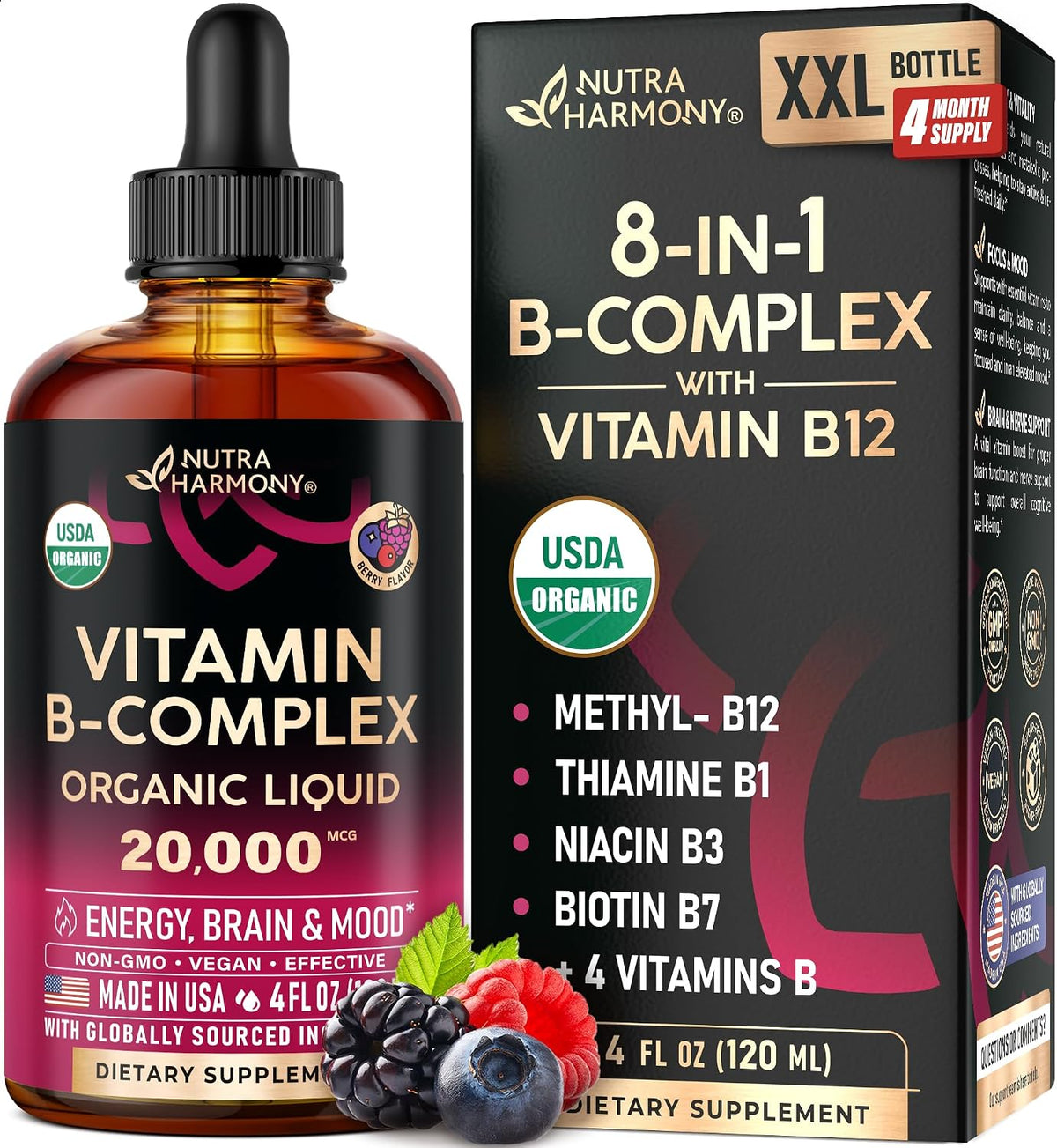 Organic Vitamin B-Complex Liquid Drops – B5 Pantothenic Acid, B12 Methylcobalamin, B1 Thiamine, B6 Pyridoxine, B7 Biotin, B9 Folic Acid, B3 Niacinamide – Natural Berry Flavour, 118 ml - görsel 1