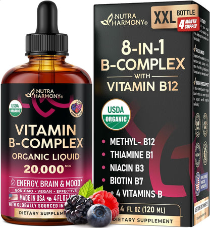 Organic Vitamin B-Complex Liquid Drops – B5 Pantothenic Acid, B12 Methylcobalamin, B1 Thiamine, B6 Pyridoxine, B7 Biotin, B9 Folic Acid, B3 Niacinamide – Natural Berry Flavour, 118 ml