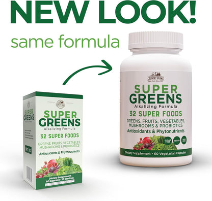 Country Farms Super Greens Vegicaps, 29 Whole Greens Whole Food Supplement with Probiotics, 60 Vegicaps