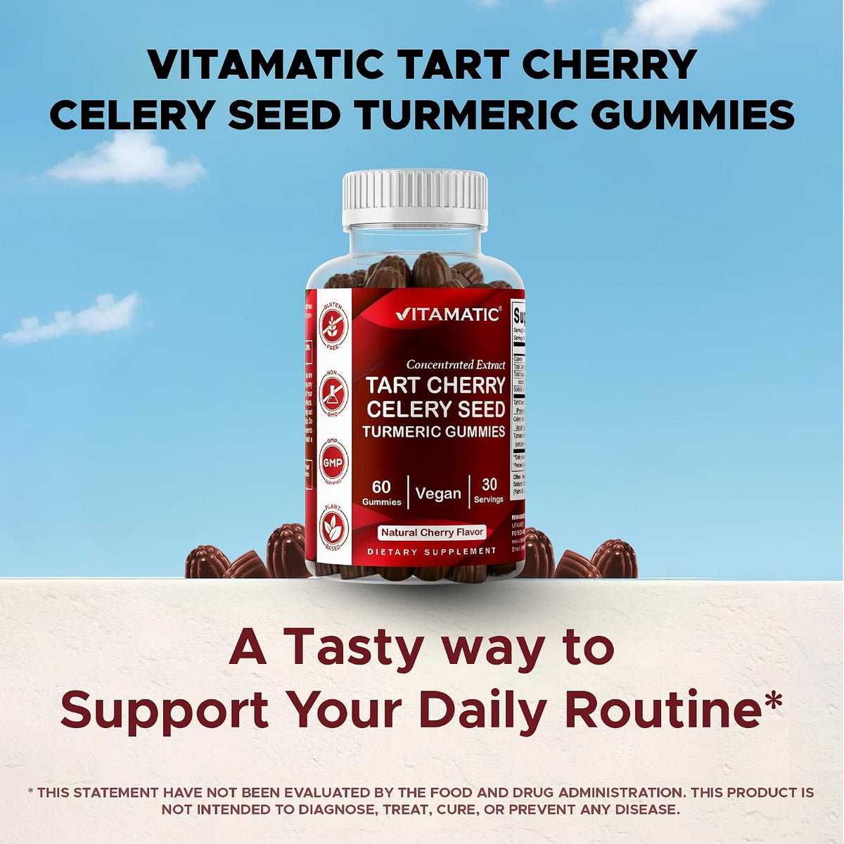 Vitamatic Tart Cherry Gummies with Celery Seed & Turmeric - 3-in-1 Formula, 60 Gummies (Pack of 2) - görsel 6