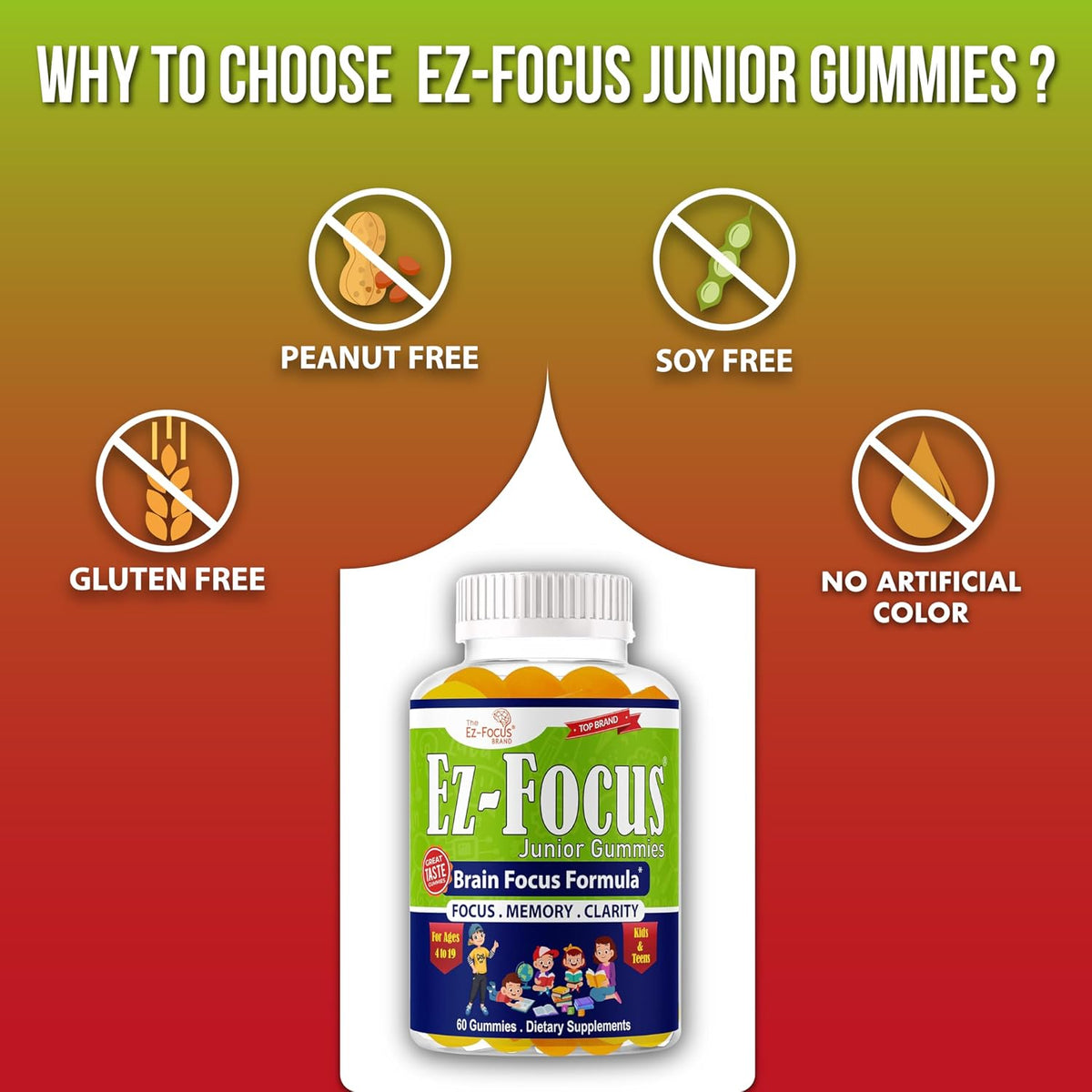 Ez-Focus Junior Brain Vitamins & Memory Supplements for Kids & Teens - Focus Gummies with DHA - 60 Chewable Gummies - görsel 9
