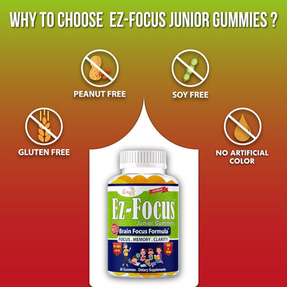 Ez-Focus Junior Brain Vitamins & Memory Supplements for Kids & Teens - Focus Gummies with DHA - 60 Chewable Gummies