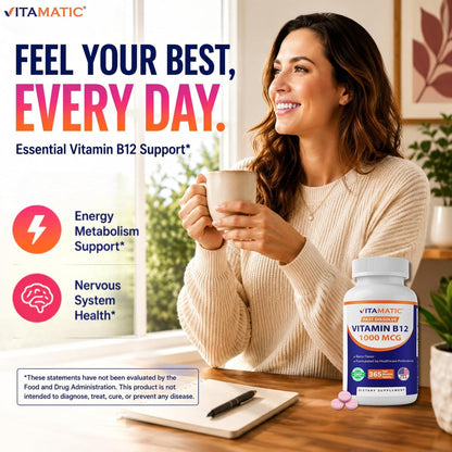 Vitamatic Vitamin B12 1000 mcg Fast Dissolving Tablets, Natural Berry Flavour, 365 Count