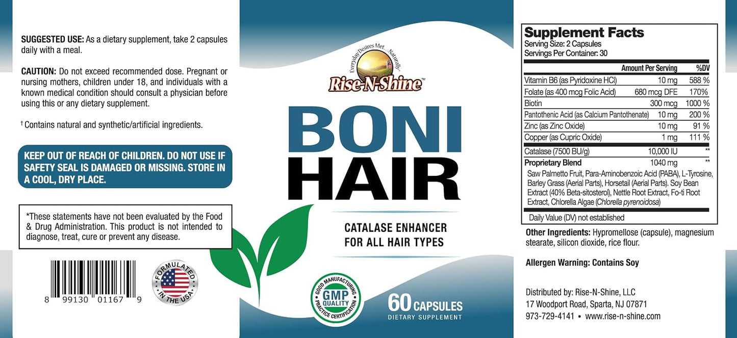Rise-N-Shine BoniHair Catalase Supplement - 10,000 IU with Saw Palmetto, Biotin, Fo-Ti, PABA - 60 Capsules - görsel 3